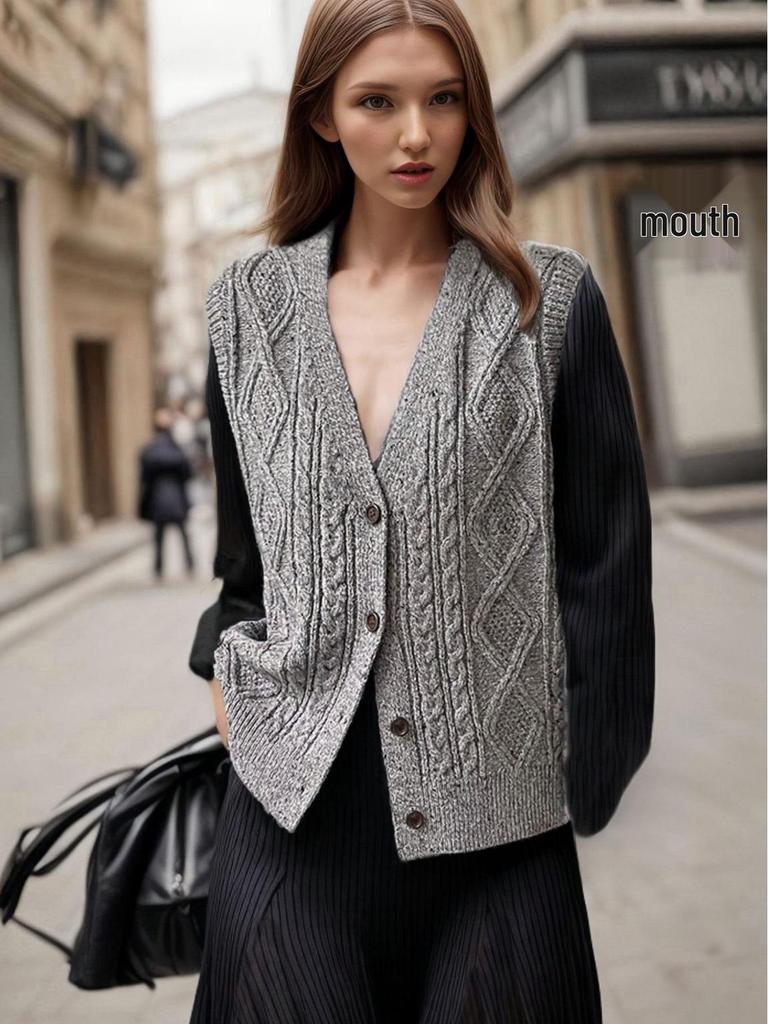 Speckled Dots Retro Diamond Button V-neck Sleeveless Autumn/Winter Women's Cardigan Vest
