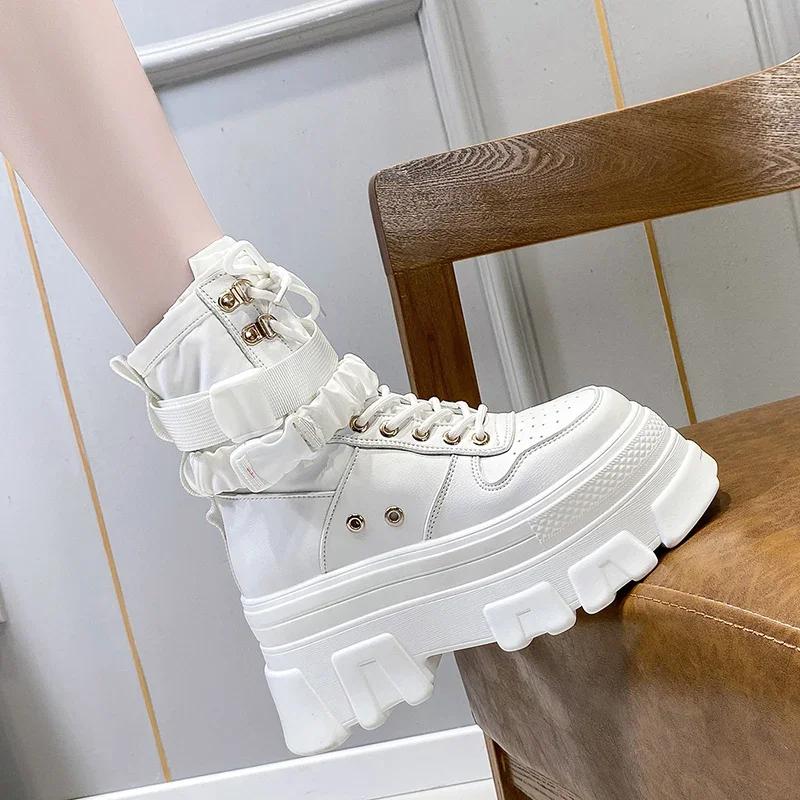 Fashion 7CM Green Punk Chunky Platform Motorcycle Boots Women Autumn Winter Gothic Shoes Woman Thick Bottom Lace Up Ankle Botas Mujer