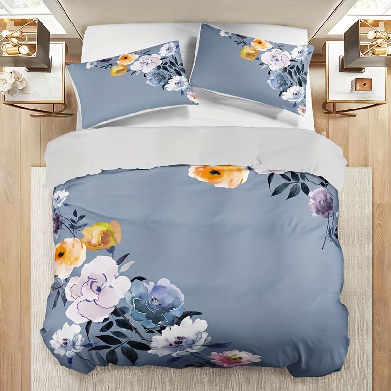 Floral Duvet Cover Set - 3PCS Elegant Flower Pattern, 100% Polyester Breathable Fabric, Machine Washable Christmas Gift