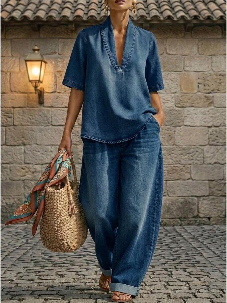 2026 Europäisches & Amerikanisches Sommer Damen Minimalistisches Denim Zweiteiler-Set - Locker, Lässig, Einfarbige Farbe, Bequemer Stil