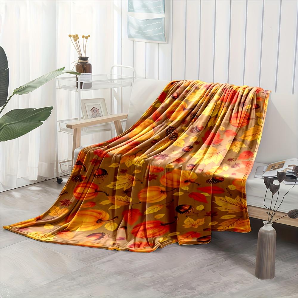 1 Autumn Pumpkin Maple Pinecone Acorn Print Blanket, Warm and Cozy Soft Throw for Sofa Bed Car Office Camping Travel, All-Season