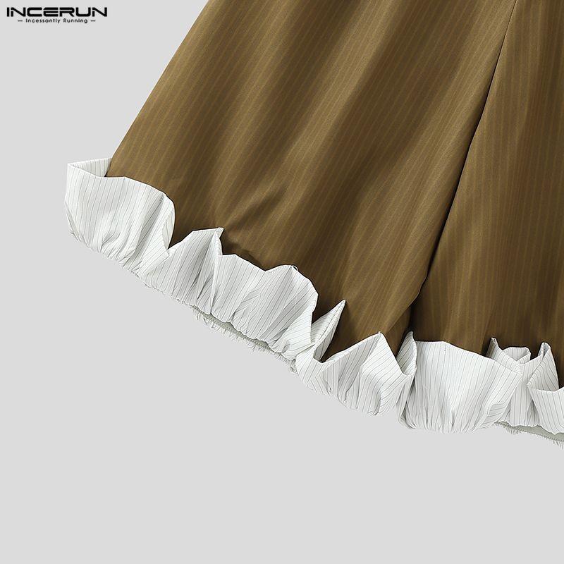 INCERUN Men Zip-up Waist Striped Ruffled Hem Loose Half Pants Shorts