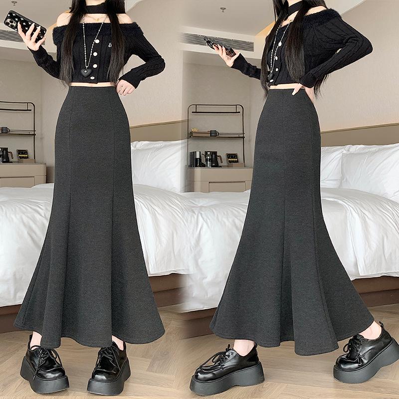 2025 Winter Cashmere Wool Blend Fishtail Skirt: Elegant Mid-Length Patchwork with Velvet L
