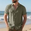 Men's Loose Fit Beach Shirt Breathable Casual Linen Short Sleeve Button Down Multi Pocket Utility Work Shirt
