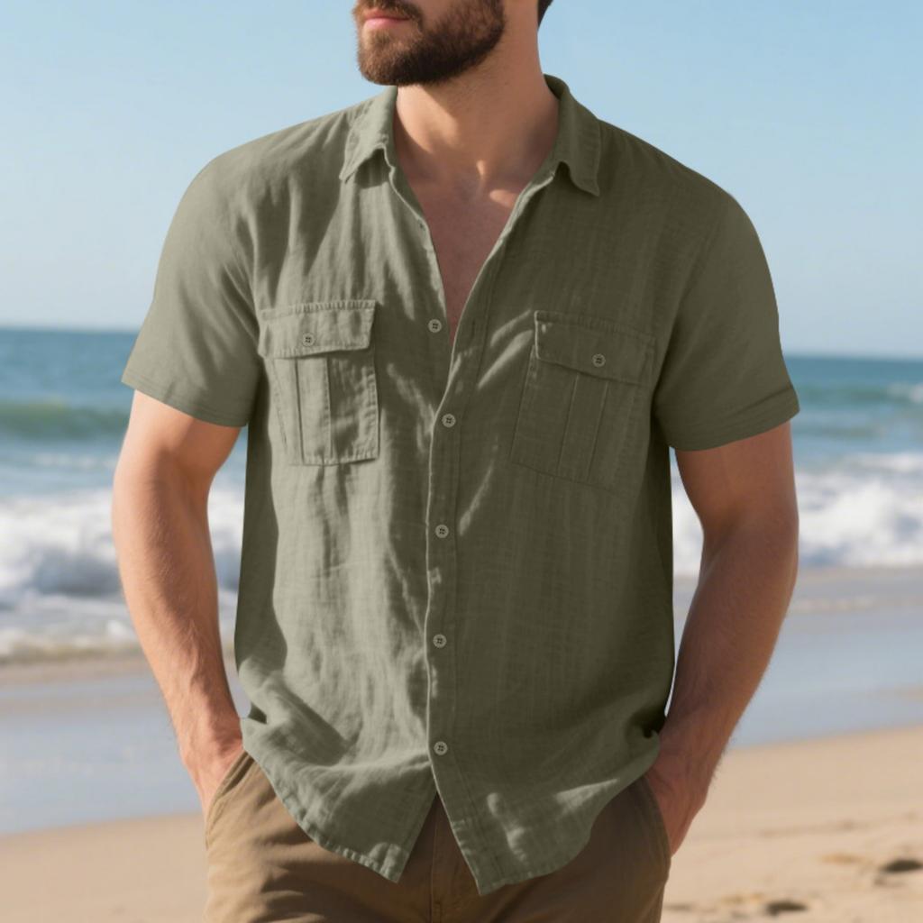 Men's Loose Fit Beach Shirt Breathable Casual Linen Short Sleeve Button Down Multi Pocket Utility Work Shirt