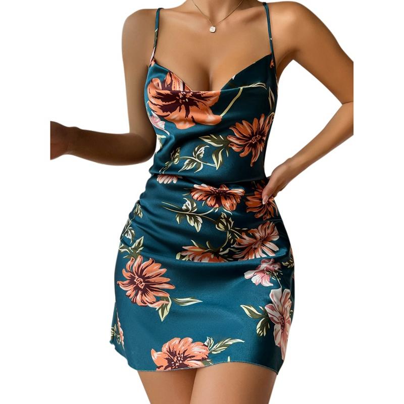 Women's Flora Print Silk Slip Dress Backless Sleeveless Dress