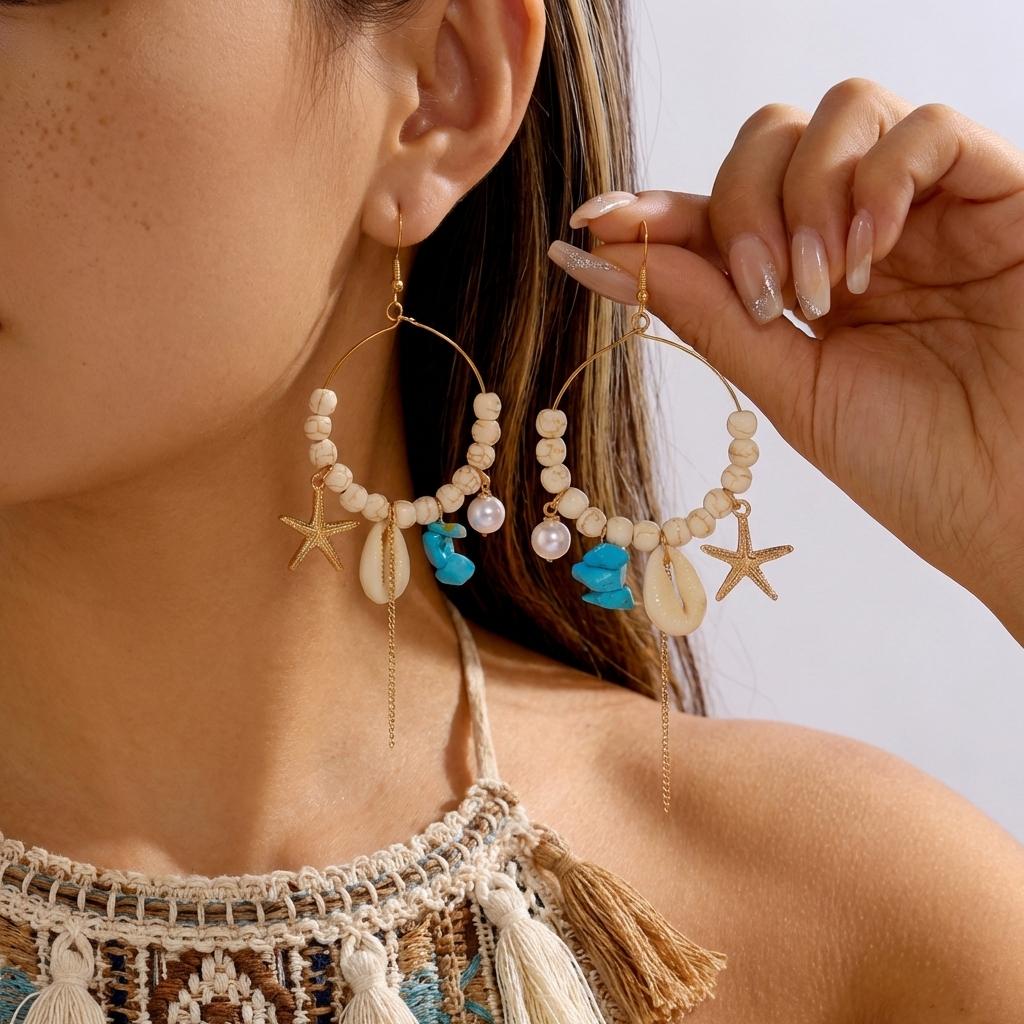 

Mermaidcore Ocean Charm Hoop Earrings for Women Starfish Shell Imitation Pearl Turquoise Stone Dangle Summer Beach Jewelry
