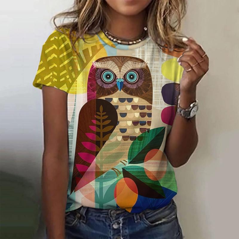 Colorful owl pattern women's T-shirt fun animal 3D printing short sleeved summer loose T-shirt round neck top T-shirt street wear