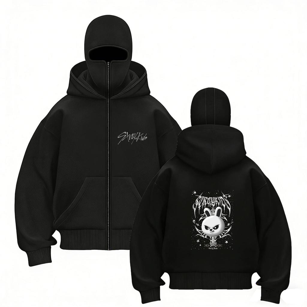 Stray Kids Skz Harajuku Printed Stray Kids Double Hood Zip-Up, Harajuku Print SKZ Hoodie for STAY Two-hat Zip-up Shirt for Men and Women