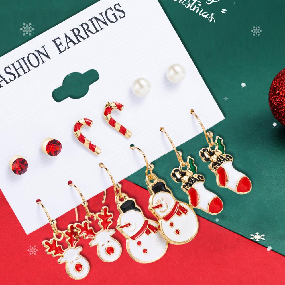 6 Pairs Fashionable Cartoon Sweet Christmas Series Earrings Santa Claus Christmas Socks Drip Oil Pattern Earrings Accessories