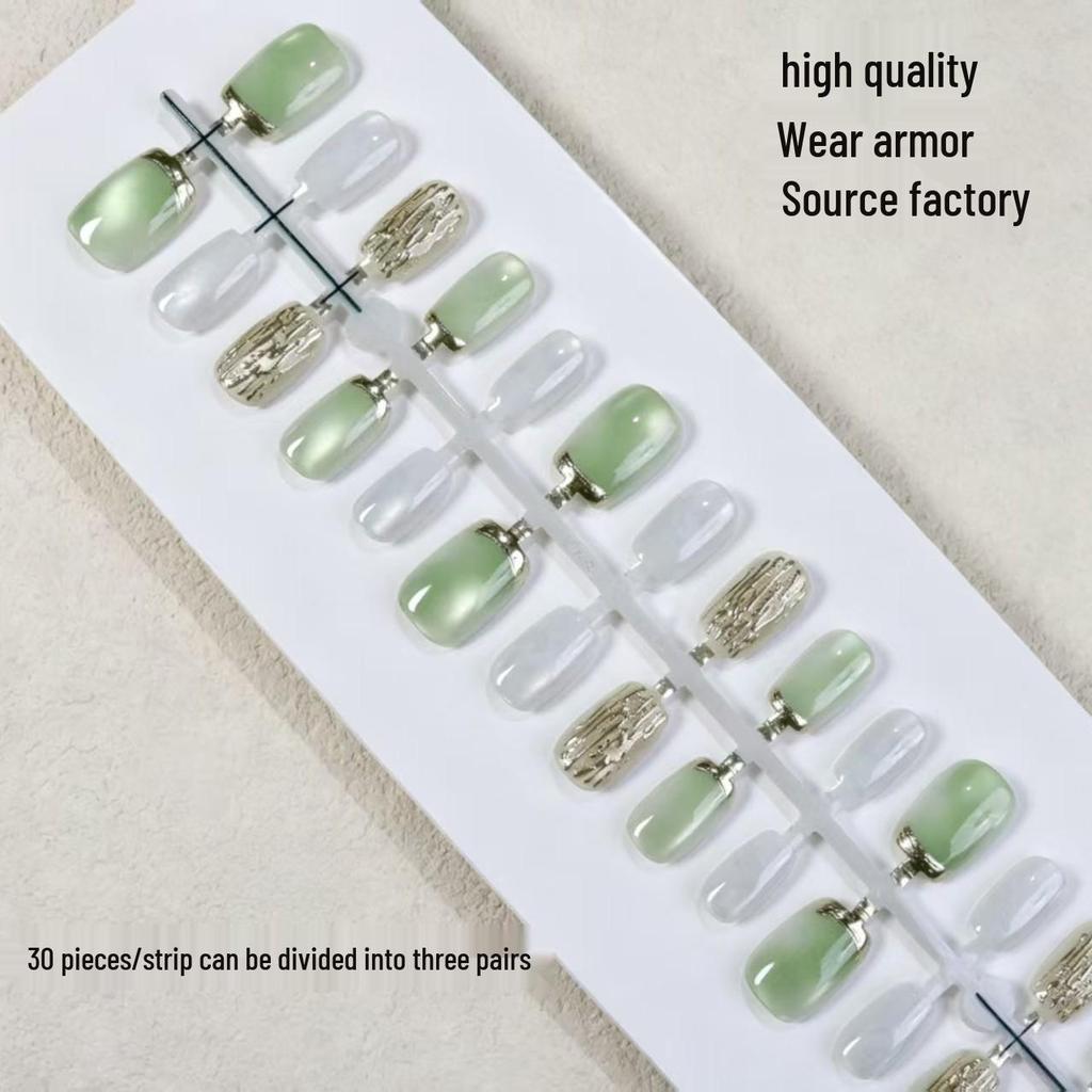 Ice-Clear Cat Eye Jade Green Wearable Short Nails with Gold Foil