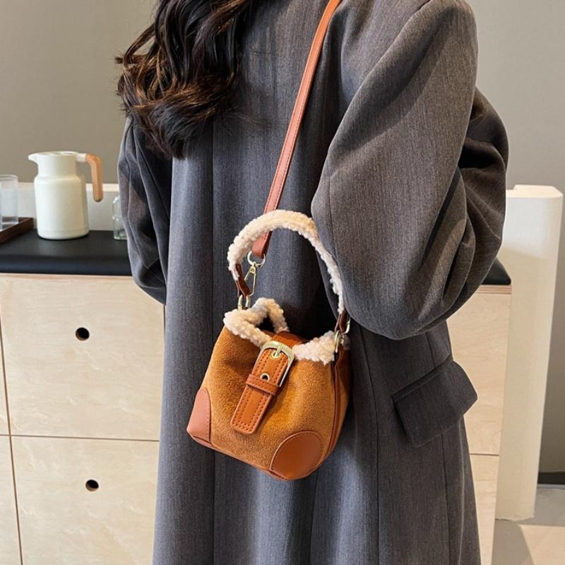 Women's Fashion Plush Messenger Bag Faux Leather Small Bucket Shoulder Crossbody Bag with Polyester Lining and Buckle Closure Solid Color