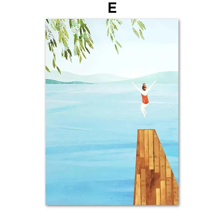 Ocean Beach Palme Surfbrett Möwe Leinwandmalerei - Reiseplakate und Drucke für Wohnzimmerdekor