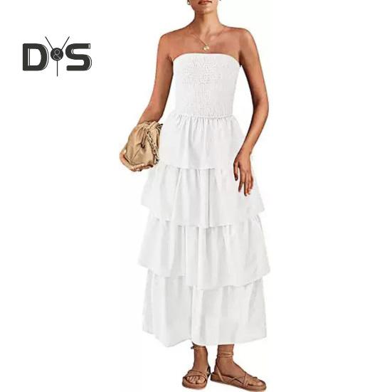 Trägerloses Kleid für Damen, schulterfrei, rückenfrei, ärmellos, Strandkleid, mehrlagiges Rüschenkleid, verstreuter Saum, Urlaubskleid, elastische Brust, Maxikleid