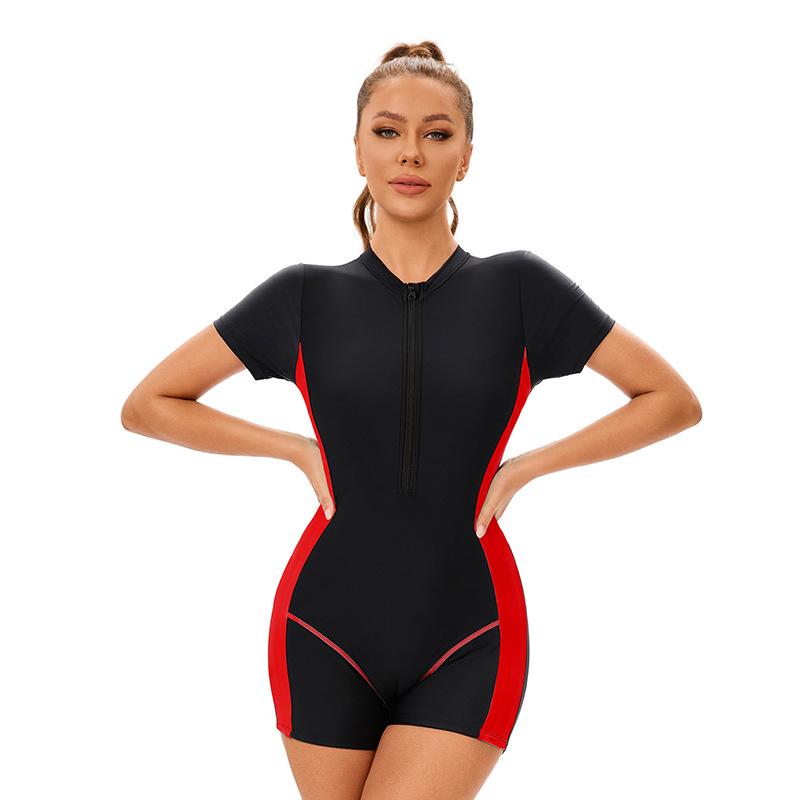 Color Block Swimsuit Nylon One Piece Swimwear Women Short Sleeve Zipper Front Bodysuit Swim Suit