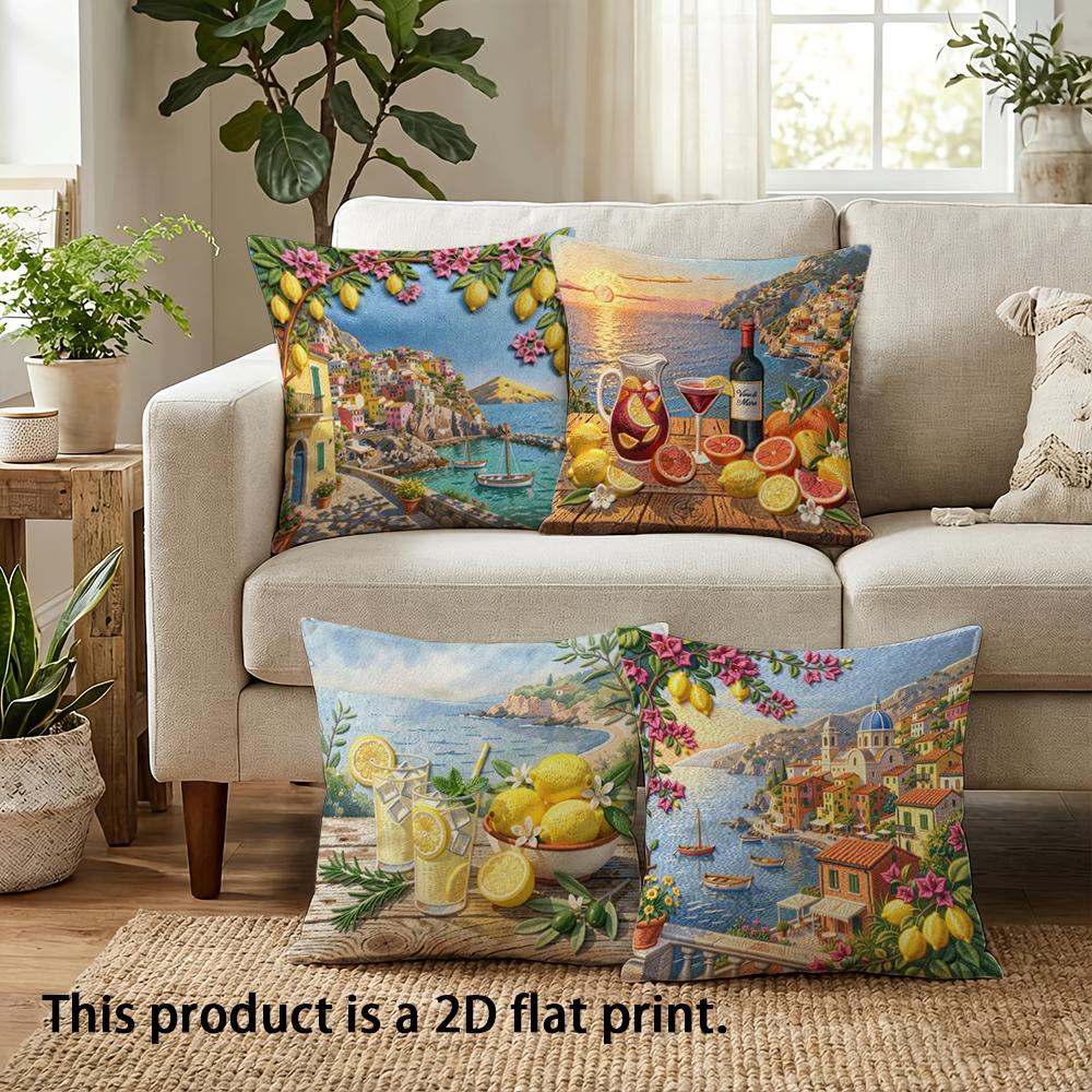1/4Pcs Vibrant Coastal And Fruit Themed Pillowcases Sofa Bed Cushion Cover Home Bedroom Decoration, 2D Flat Printing