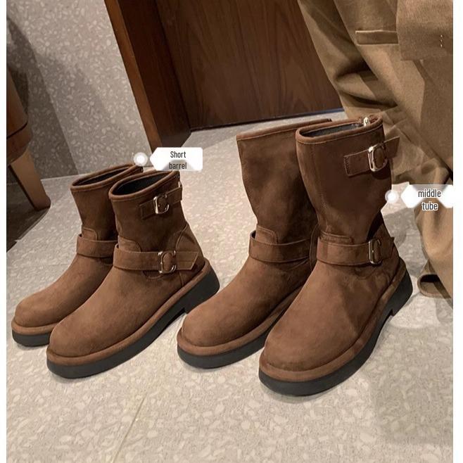 Women's Retro Motorcycle Buckle Boots - 2025 New Skinny Design, Round Toe, Thick Sole, Chunky Heel, Height Increasing, Mid-Calf, Autumn/Winter Style.