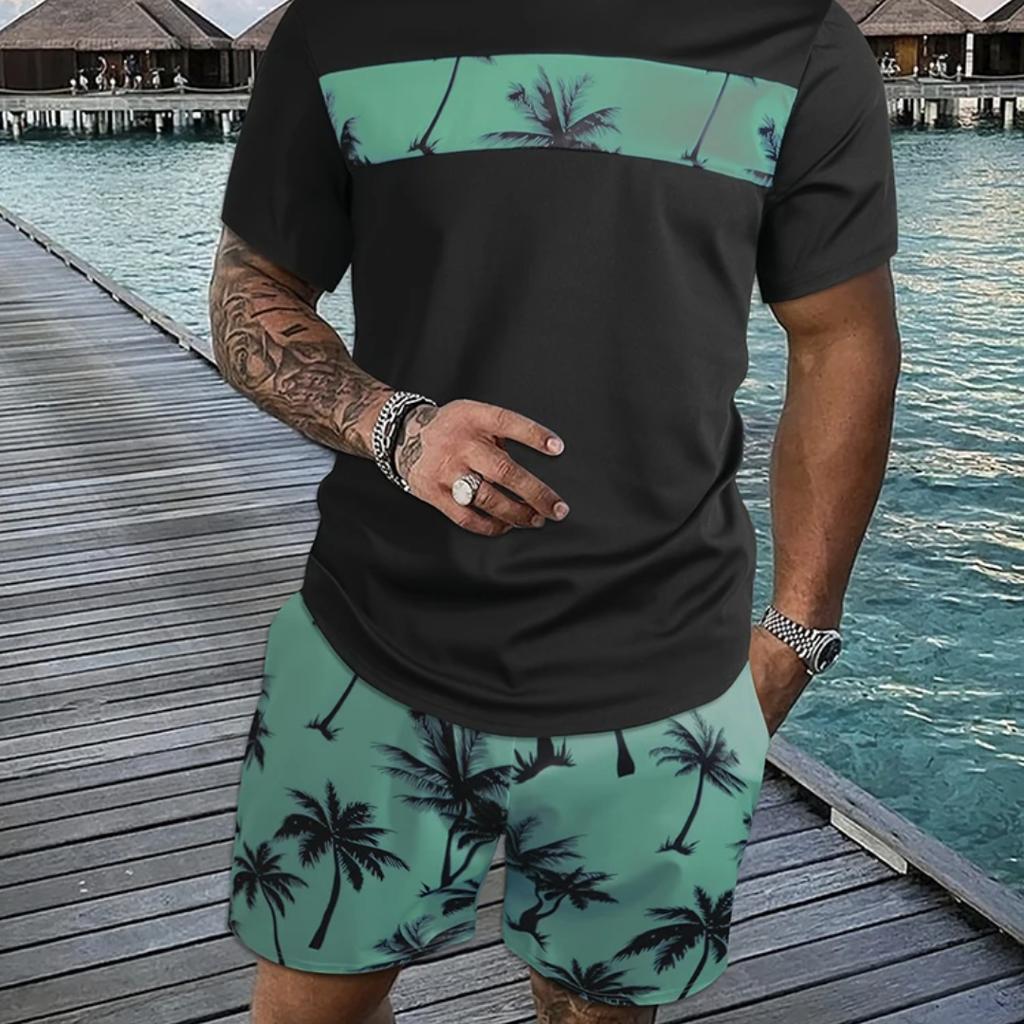Men's Summer Tropical Coconut Tree Print Graphic Short Sleeve Shorts Set Summer Men's Crew Neck T-Shirt and Drawstring Short Set