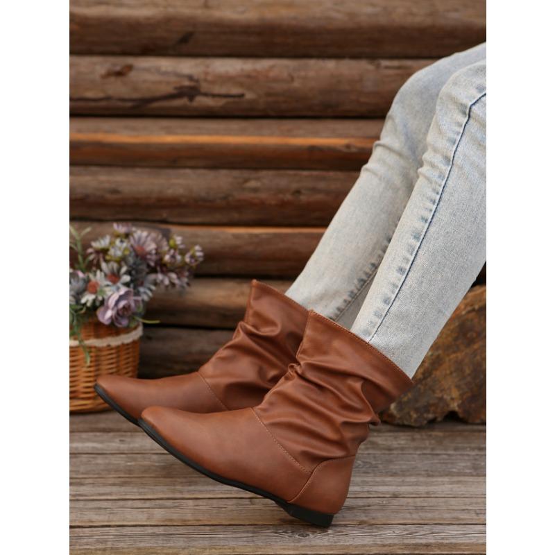 WISH Women's Sexy Short Boots Stacked Short Boots Round Head Low Heel Cuff Large Size Short Fashion Boots