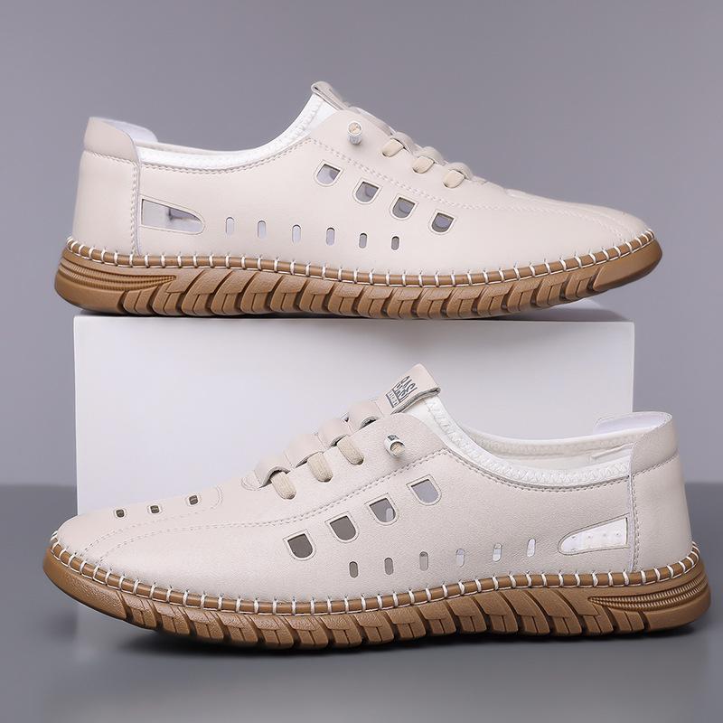 Fashion Hollow Business Casual Soft-soled Leather Sandals for Men Fashion Solid Color Summer New Designer Driving Shoes Man