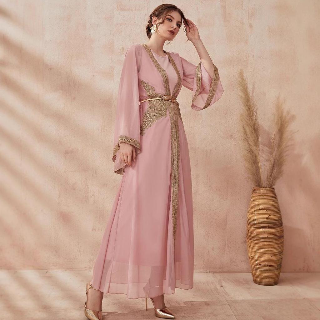 Middle Eastern Muslim Women's Two-Piece Abaya Dress with Belt