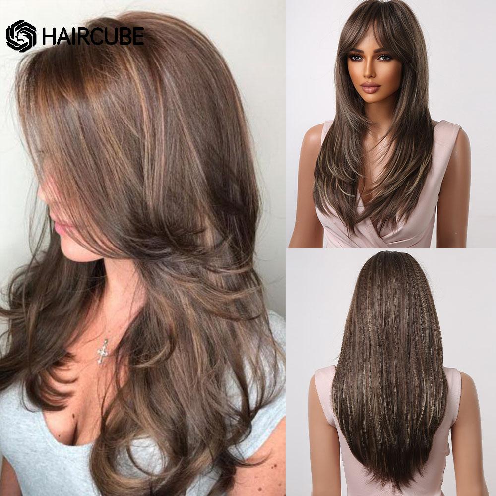 Long Wavy Layered Black-Brown Shoulder-Length Wigs With Bangs Heat Resistant Synthetic Wigs for Women Cosplay Daily Natural Wigs