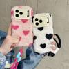 Fuzzy Cozy Heart Print Soft Girly Phone Case for iPhone 17 Pro Max 16 15 14 13 Flip Camera Frame Stand Strap Protective Cover