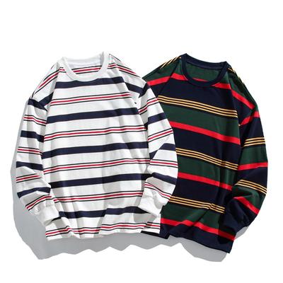 Frühling und Herbst Neu Herren Koreanischer Stil Rundhals Kontrastfarbige Streifen 280g Schwer Langarm Rundhals Pullover Paar Reine Baumwolle Oberteil