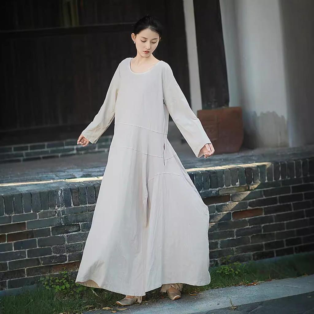 Johnature Women Vintage Dress O-Neck Long Sleeve Spring Solid Color A-Line Women Dress