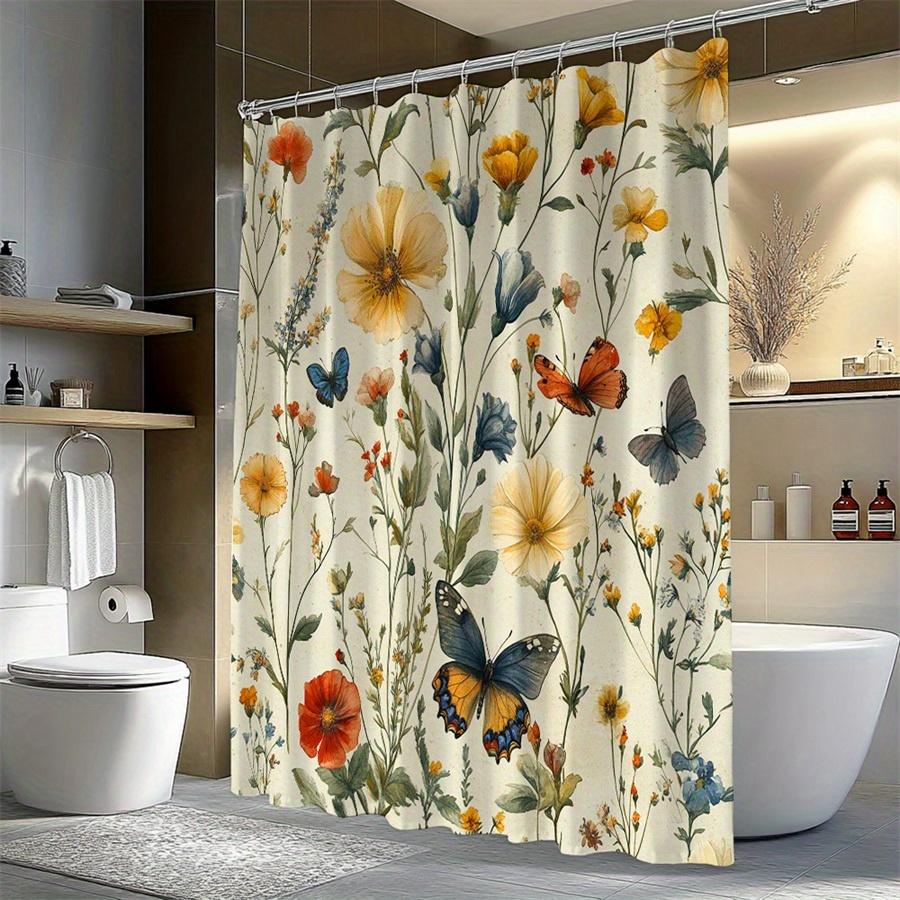 1 Bright Floral And Butterfly Shower Curtain - Features A Colorful Floral And Butterfly Pattern, Machine Washable Polyester