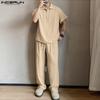 INCERUN Vintage Two Pieces Men Lapel Neck Short Sleeve T-Shirt Long Straight Pants Outfits