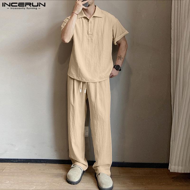 INCERUN Vintage Two Pieces Men Lapel Neck Short Sleeve T-Shirt Long Straight Pants Outfits
