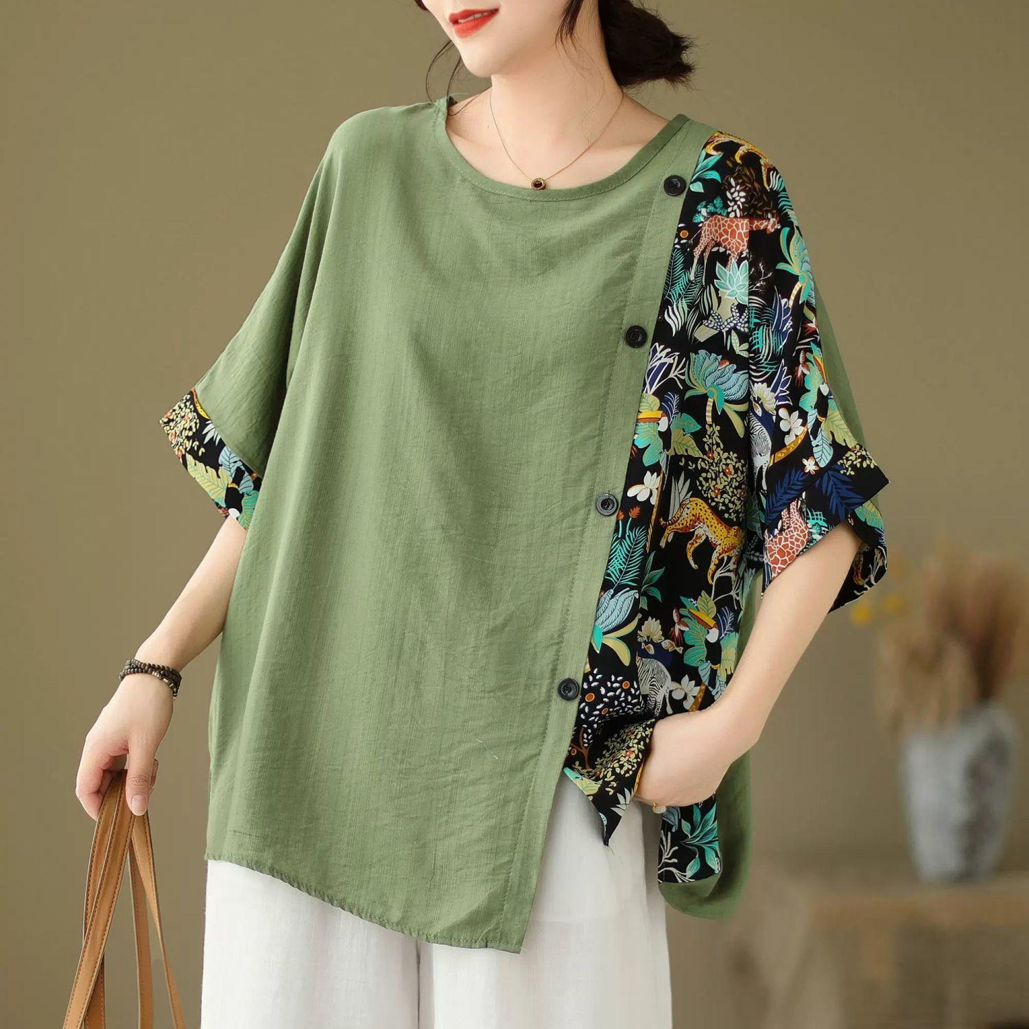 

Плюс размер 5XL женская летняя блузка в китайском стиле свободная литературная строчка футболка с короткими рукавами XXXXXL зелёный