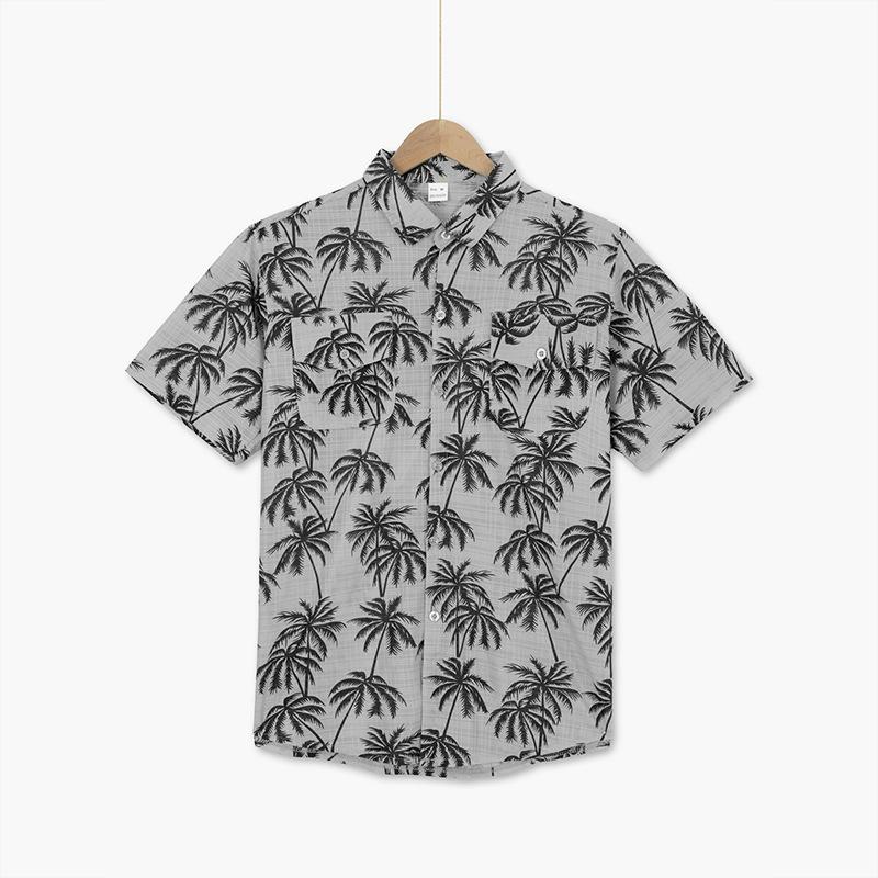 Men's Beach Short-Sleeved Shirt Coconut Tree Print Loose-Fit Holiday Shirt Men's