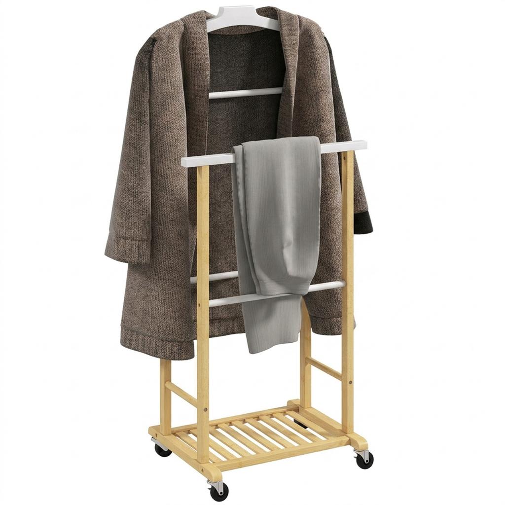 Bamboo Valet Stand with Wheels, Top Hanger, Trouser Bars and Shoe Shelf, Natural & White