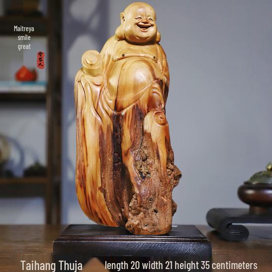 Intaglio Radice di Legno di Cipresso di Scogliera: Ornamento Daruma Maitreya Buddha in Legno Massello in Zafferano Dorato e Legno di Rosa Nanmu.