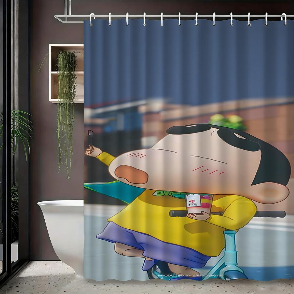 Crayon Shin-Chan & Himawari Superhero Press Conference Scene 2D Print Waterproof Shower Curtain, Blue Cityscape Bathroom Decor W