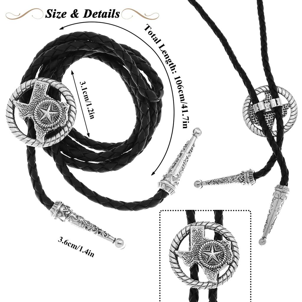 [Yzbeutf] Vintage Bolo Tie for Men and Women, Texas Map Star Tie, Western Bolo Tie, Black Leather, Cowboy, Cowgirl (Silver Map)