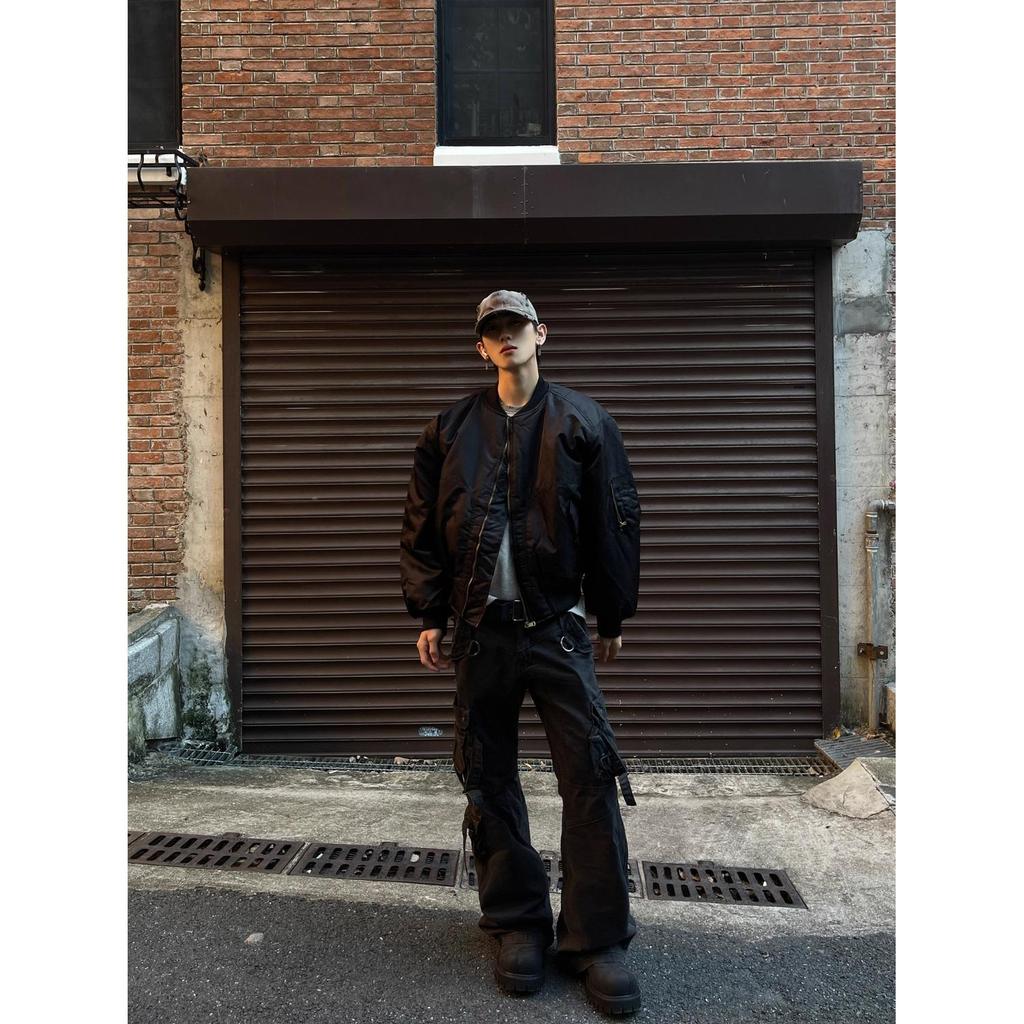 Unisex American-Style MA1 Bomber Jacket: Solid Color, Short, Wide, Loose-Fit Deconstructed Cotton Coat, Trendy Heavyweight Outerwear