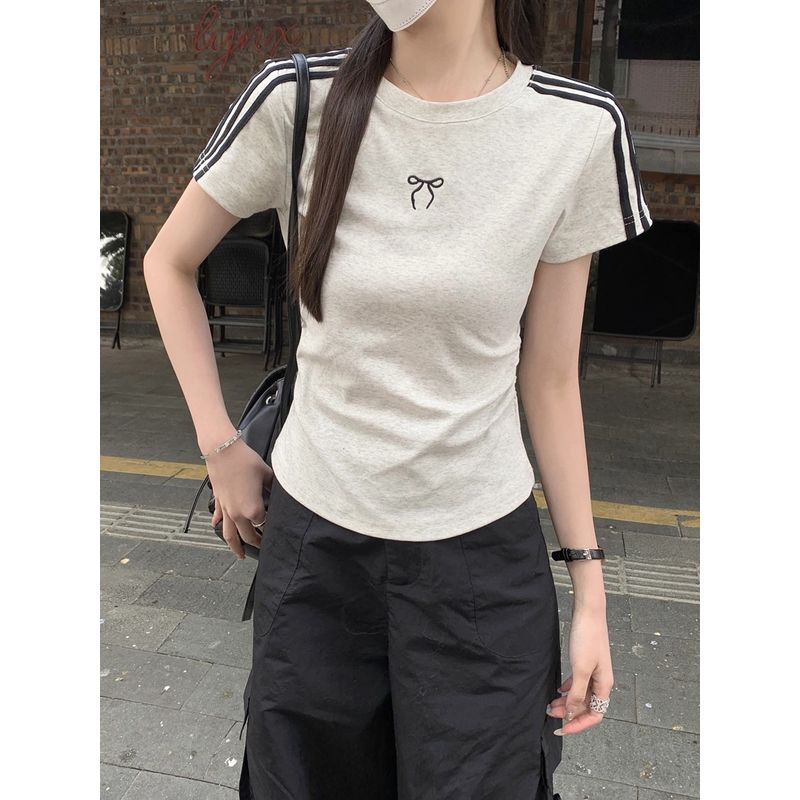 Kumikumi Design Sense Bow Embroidered Shoulder Short sleeve T-shirt Women clothes Summer Slimming Versatile Chic Top