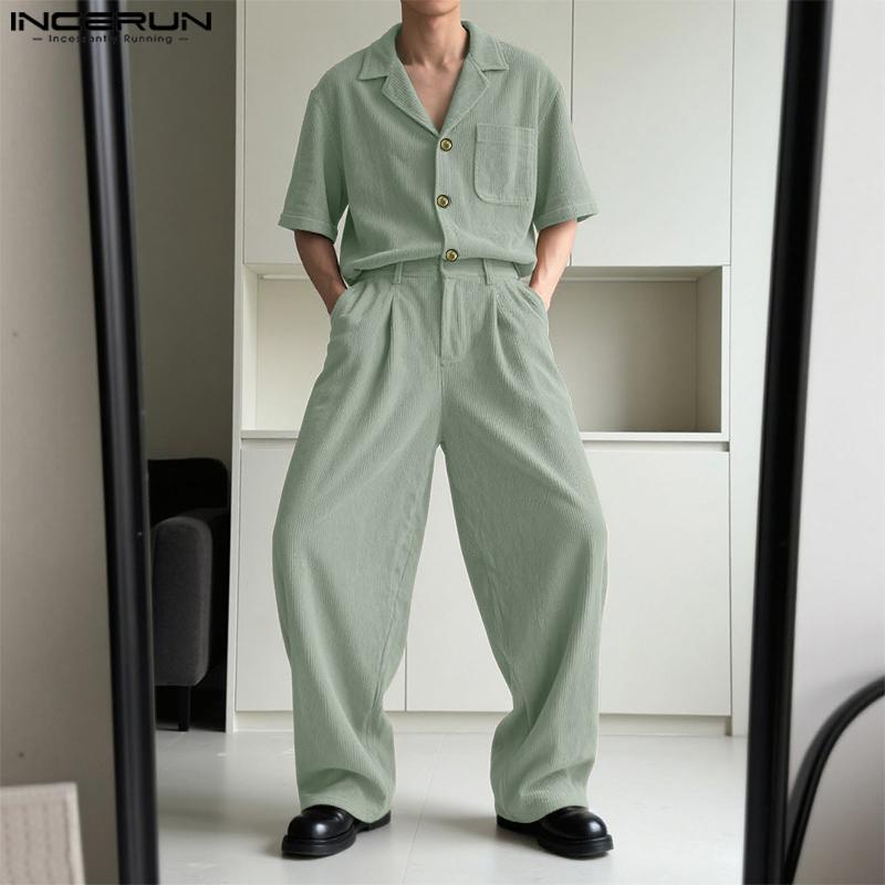 INCERUN 2PCS Men Lapel Neck Corduroy Short Sleeve Shirt Long Straight Pants Sets Outfits