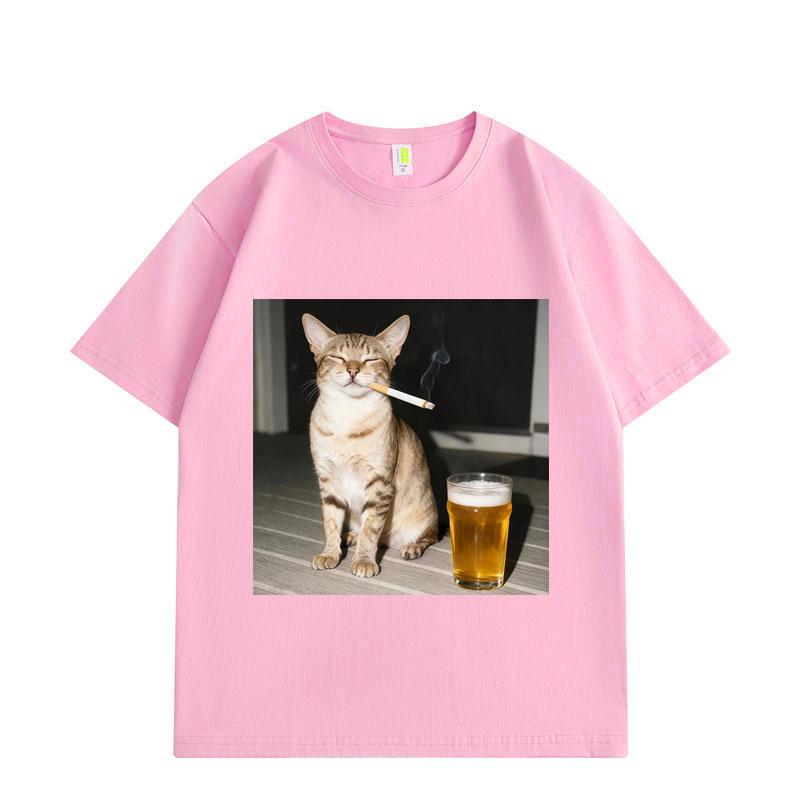 Funny Smoking and Drinking Cat Meme T Shirt High Quality Oversized T-shirts Men Women Casual Cotton Short Sleeve T-shirt