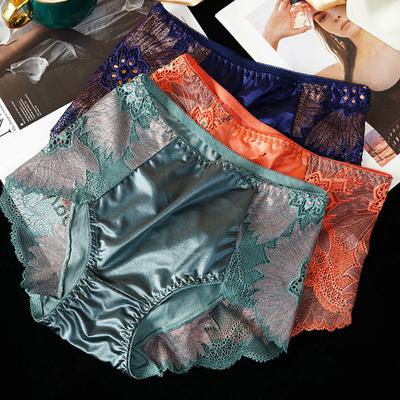 Silk Intimate Breathable Printed Flower Underwear Underpants Hollow Cotton Briefs Lace Panties