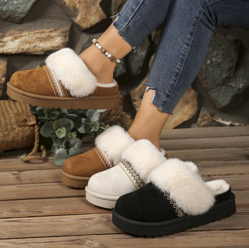 Fashion Thick Bottom Woolen Slippers Women Winter New Style Fleece Lined Bootie Toe Covering Half Slippers Leisure Footw Pantuflas Mujer
