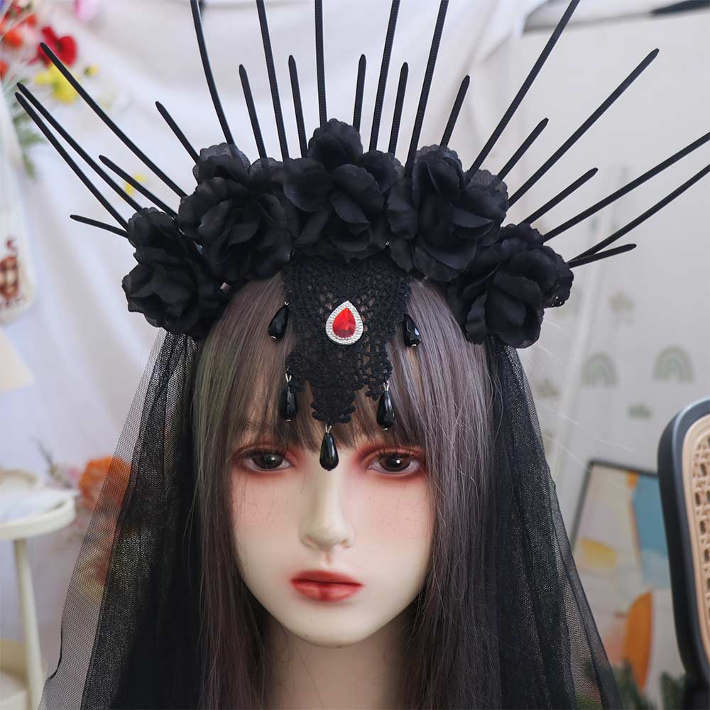 Rhinestone Halloween Headband Gothic Bride Hairband Headdress Veil Headband  Party