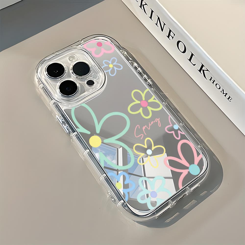 Cute Colorful Doodle Floral Mirror Soft Phone Case For iPhone 17 16 15 14 13 12 11 Pro Max 17 Air X XR XS 7 8 Plus Back Cover