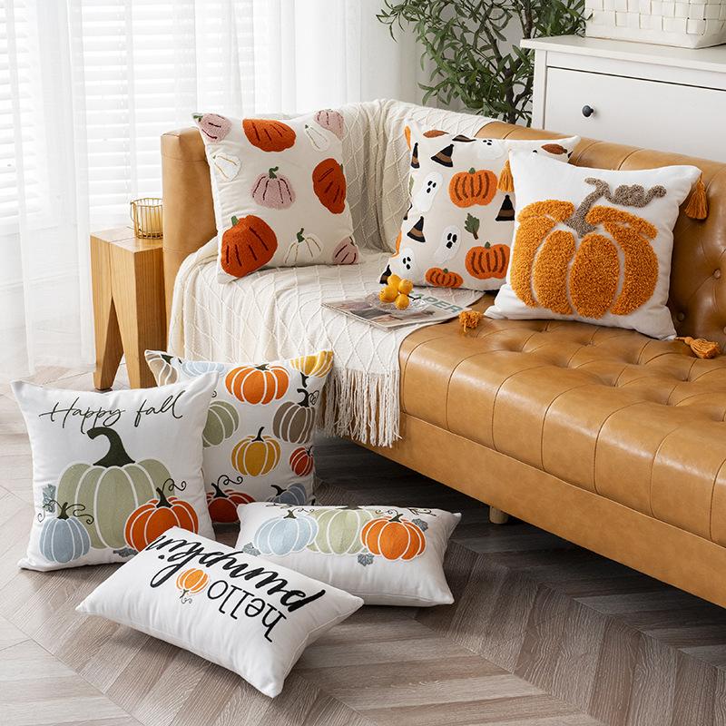 Towel Embroidered Pumpkin Throw Pillow Cover Halloween Canvas Cushion Case for Couch Bed Office Autumn Decor 18x18 Inch