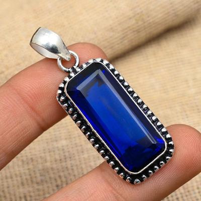 Glorious Blue Sapphire Lab-Created Gemstone Handmade 925 Sterling Silver Jewelry Pendant For Women