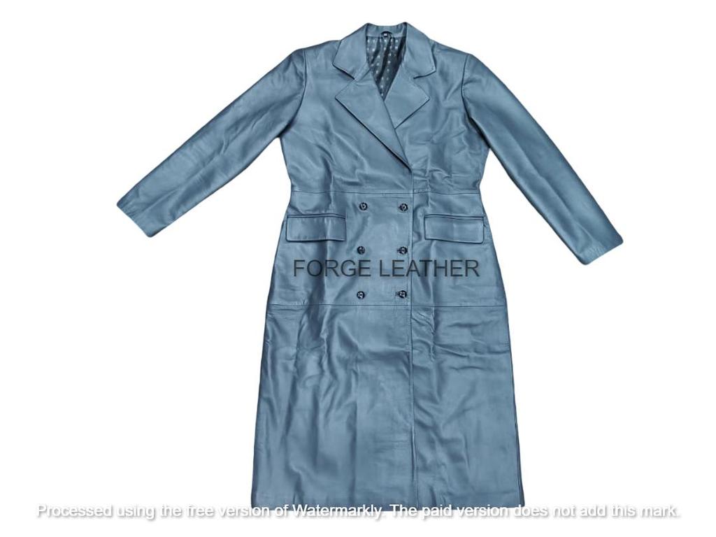 Trench en Cuir Véritable d'Agneau Fait Main Élégant Gris Designer Femme Long