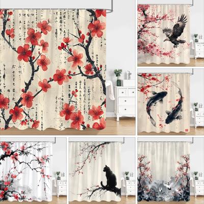 Rideau de Douche Peinture à l'Encre Chinoise Japonaise Fleurs de Prunier Rouges Peinture Artistique Style Rétro Rideaux de Douche en Polyester Décoration de Salle de Bain